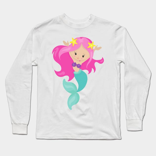 Cute Mermaid, Little Mermaid, Starfish, Pink Hair Long Sleeve T-Shirt by Jelena Dunčević